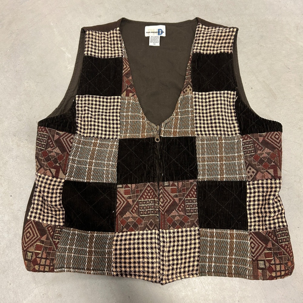 Paul Harris Design Mens Patchwork Corduroy Tapestry Zip Front Vest Brown Large